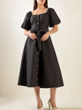 Freemarket Black Textured Midi Dress Puff Sleeves Large Whimsigoth NO BELT